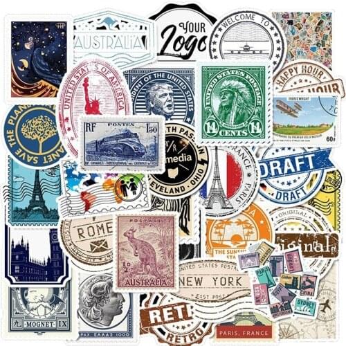 50Pcs Vinyl Vintage Stamp Stickers Retro Travel Stickers Suitcase Sticker Decals Toys for Laptop Car Luggage Water Bottle Phone