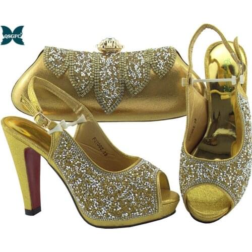 2020 Italian design Women High Heel Shoes with Matching Bag for Women African Ladies Shoes and Bag Set in Gold Color