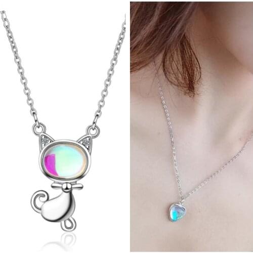 2021 Trendy Silver Plated Necklace For Women Jewelry Cute Moonstone Cat Penadnt Necklaces Girls Chain Choker Accessories Shiny