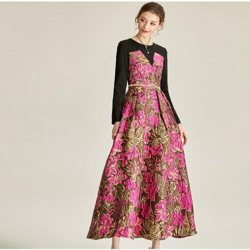 2021 Spring Autumn Jacquard Dress O-Neck Brocade Dress Patchwork Women Long Sleeve Party Evening Clothing Mid-Calf Ball Gown 07