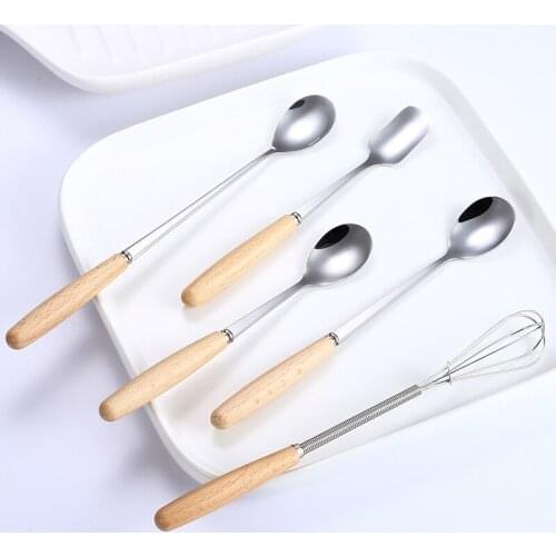 5 Pcs Mixing Spoon Sets ice cream Scoops Stainless Steel Table Set Wooden Long Handle Coffee Spoon 2.5 cm Small Dessert spoon