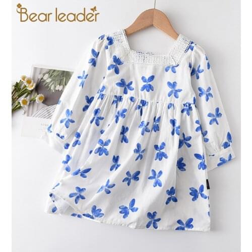 Bear Leader Girls Dresses 2021 Autumn Fashion New Lace Square Collar Kids Clothing Flower Print Pattern Casual Dress Girls 2-6Y