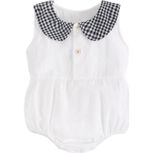Infant Girls Bodysuits No Sleeve Baby Clothes Summer Newborn Baby Clothes White Outfit Infant Plaid Collar Cute Gifts Outfits