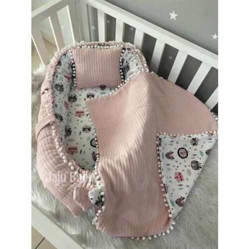 Jaju Baby Special Handmade Powder Knit Pique Fabric and Muslin Fabric Pompon 3-Piece Babynest Set