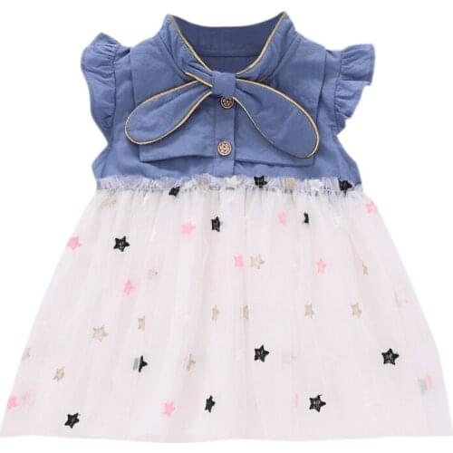 Baby girls bowknot denim mesh patchwork dress Children summer sleeveless stars pirnted party beach birthday princess dress ss
