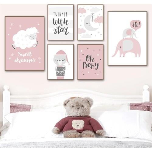 Moon Clouds Canvas Poster Nursery Print Pink Elephant Wall Art Painting Quotes Art Posters Wall Pictures Baby Girls Room Decor