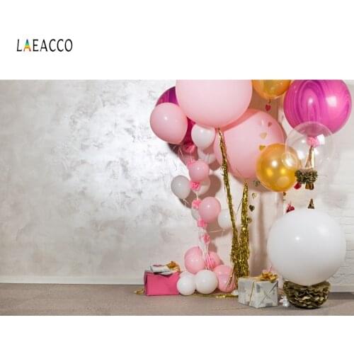 Laeacco Baby Birthday Backgrounds For Photography Pink Balloons Cake Gift Cement Wall Party Child Photo Backdrops Photo Studio