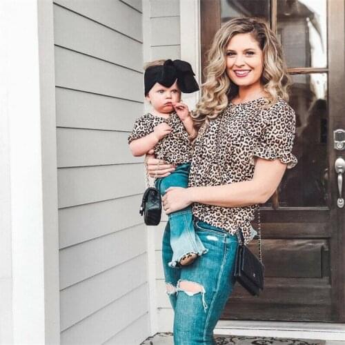 Fashion Family matching clothes mommy and me mother and daughter clothes Fashion leopard Top T shirt Blouse Short Sleeve tshirt