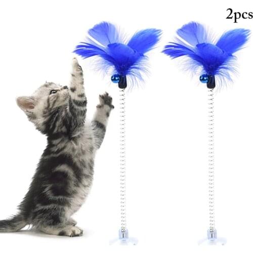 2pcs Cat Toy Pet Cat Feather Teaser Suction Cup Spring Bell Cat Training Toy Pet Teaser Toy Elastic Toys for Cats