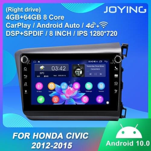 JOYING Android 10.0 System Bluetooth 5.1 Carplay Car Radio Stereo 8 Inch 4GB RAM 64GB ROM For Honda Civic 2012-2015(Right Drive)