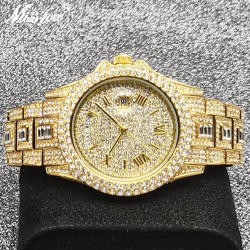 Quartz Mens Watch MISSFOX Full Diamond Top Dual Calendar Watches Auto Date Waterproof Luxury Calendar Steel AAA Jewelry Clocks