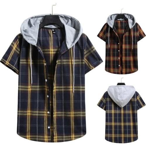 2021 Summer Mens Hooded Checked Short-sleeved Shirt