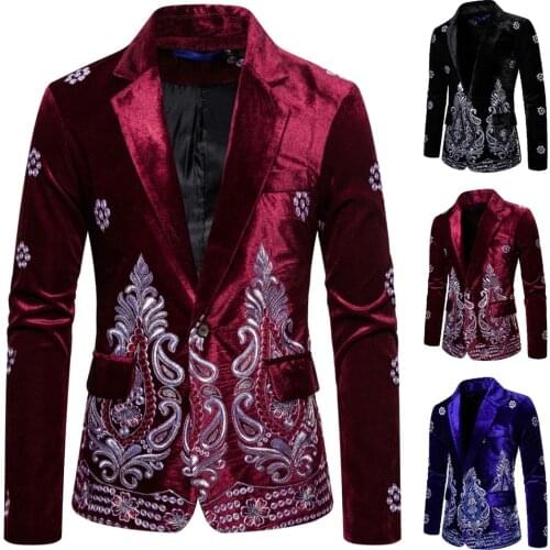Mens Luxury Blazer Costume Stage Jacket Suit Male Velvet Gold Thread Embroidered Dress Suit for Men