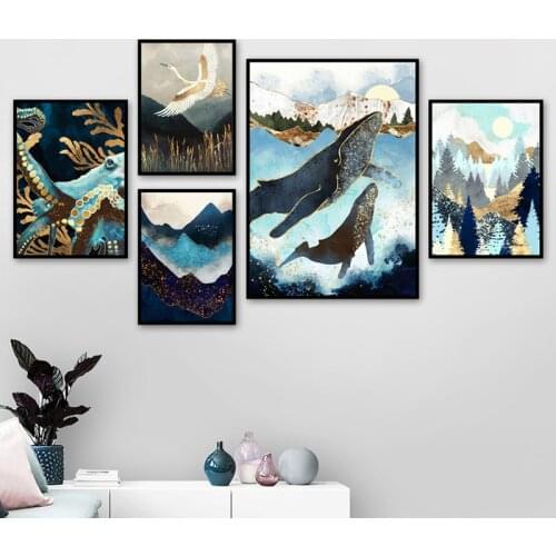 Canvas Paintings Mountain Sea Forest Whale Abstract Landscape Nordic Posters and Prints Wall Art Pictures for Home Decoration