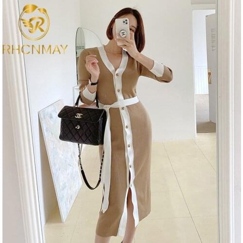 2020 New Women Autumn Winter Long Grace Sweater Cardigan Dress Female Long Sleeve V-neck Slim Knitted Dresses