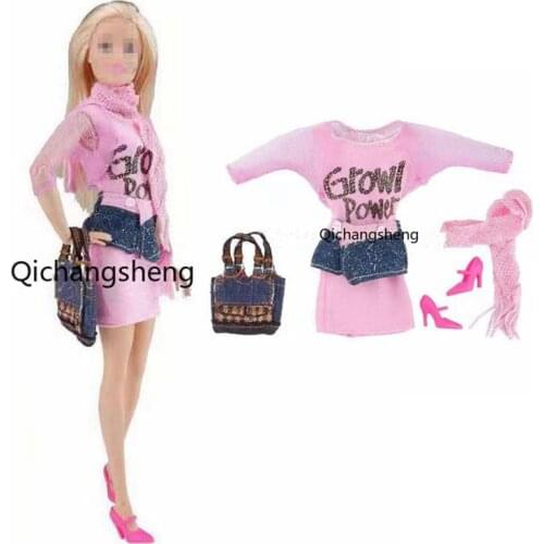 11.5" Doll Clothes For Barbie Clothes Outfits Set Pink Lace Coat & Handbag & Scarf & Shoes & Dress 1/6 BJD Doll Accessories Toys