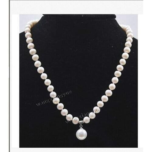 Classic9-11mm south sea round white pearl necklace pendant 18" Gold Clasp KKK