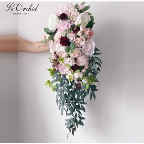 PEORCHID Blush Pink Cascade Wedding Bouquet Artificial flower Bouquet For Bride Luxury Rose Peony Big Bouquet Decoration Mariage