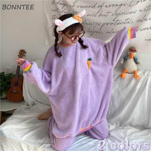 Pajama Sets Women Purple Autumn Thicker Warm Homewear Clothes BF Kawaii Fashion Two Piece Set Simple Round Neck Patchwork Lovely