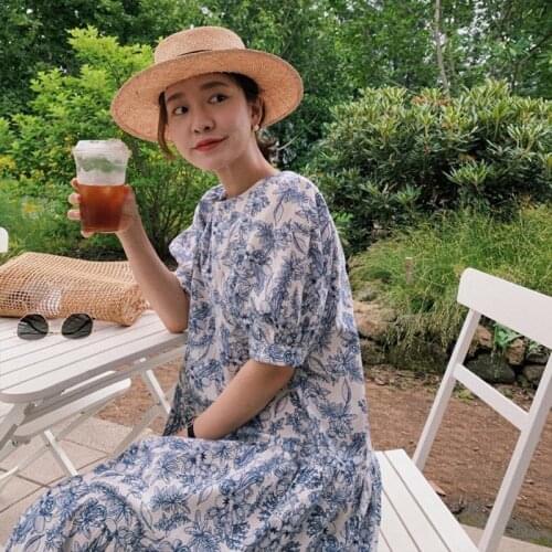 Dresses Women Summer Vintage O Neck Puff Sleeve Loose Floral Dress Short Sleeve Sweet Vestido Feminino Casual Maxi Party