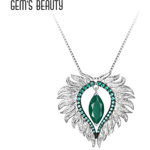 Gems Beauty Genuine 100% 925 Sterling Silver Pendant Necklaces Jewelry Feather Green Agate Chain Jewelry Gift For Girlfriend