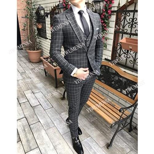 Tailor-Made Grey Plaid Groom Wear Men Suits For Wedding Business 3 Pieces Jacket+Vest+Pants Slim Fit Notched Lapel Prom Tuxedos