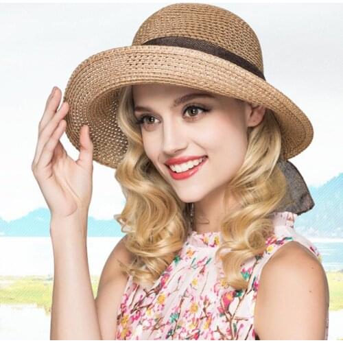 Summer Wide Brim Sun Hat Sunscreen Bow Foldable Solid Color Straw Hat Anti-ultraviolet Foldable Beach Hat Summer Beach