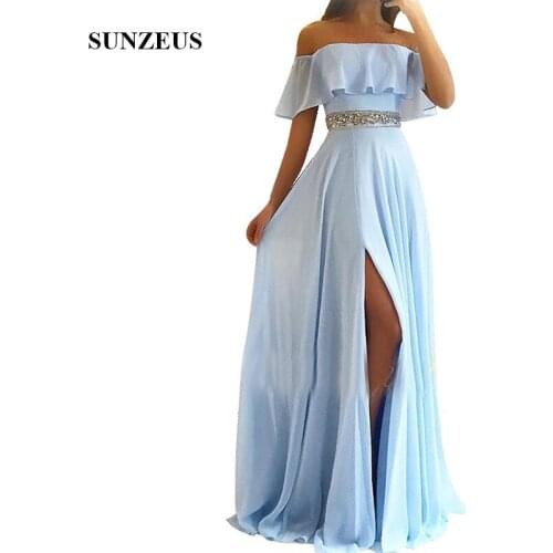 Light Blue Chiffon Bridesmaids Dresses Summer Long Side Slit Party Gown Boat Neck Off Shoulder Formal Wear Side Slit jurken lang