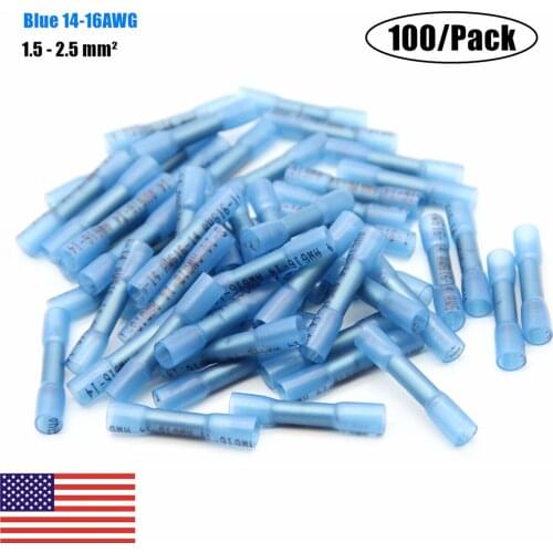 100PCS Heat Shrink Butt Wire Connectors Waterproof Seal Heat Shrinking Terminals Electrical Cable Crimp Terminal Blue 16-14AWG