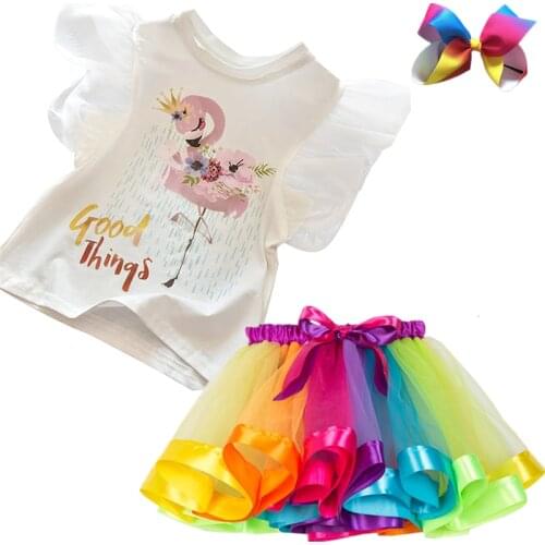 Flamingo Tops+Tutu Dress Princess Dress Kids Baby Birthday 2pcs Outfits Childrens Party Toddler Girls Clothing Size 3-8 Years