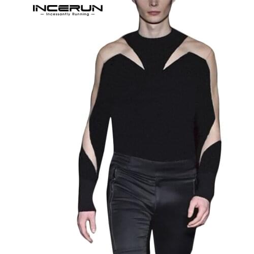 INCERUN Tops 2021 New Men Sexy Leisure Long Tees American Style Round Neck Stitching Breathable Mesh long-sleeved T-shirts S-5XL
