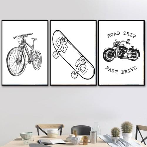 Vintage Black and White Car Poster Skateboard Canvas Painting Wall Art Picture for Living Room Nordic Style Kids Room Decoration