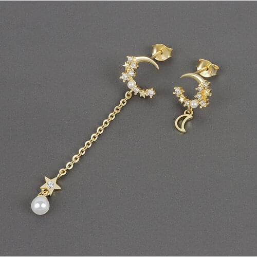 QMCOCO 925 Silver Crescent Moon Star-Shape Cubic Zircon Earrings For Woman Unsymmetrical Geometric Earrings Party Gift