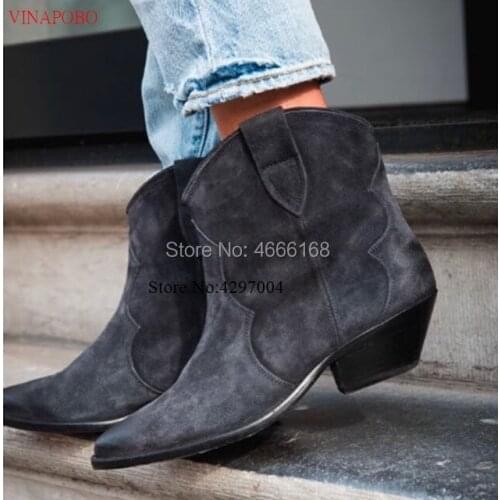 Vinapobo High Quality Genuine Leather Suede Ankle Boots Women Chunky Heels Short Boots Woman Pointed Toe Slip On Chelsea Boots