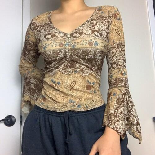 Autumn Tees Women Clothes Y2K Vintage Floral Print Crop Top Ruffles Long Flare Sleeve Ruched V Neck T Shirts Pullovers Harajuku