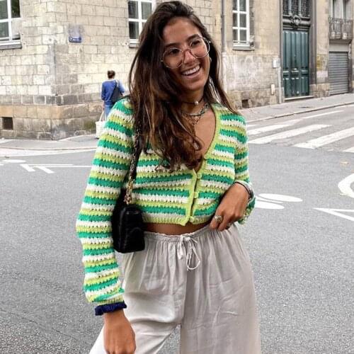 2021 Cardigan Top Women Autumn French Fashion Stripe Patchwork V-neck Hollow Knit Sweater Female Single-Breasted Short Coat