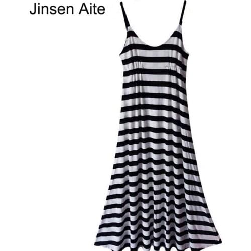 Jinsen Aite Summer Women Modal Bohemian Beach Dress Striped Slim Spaghetti Strap Sexy Casual Large Size Long Maxi Dress JS135