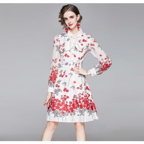 ZUOMAN Women Spring Elegant Floral Dress Shirt High Quality Long Vintage Office Party Robe Femme Bow Designer A-Line Vestidos