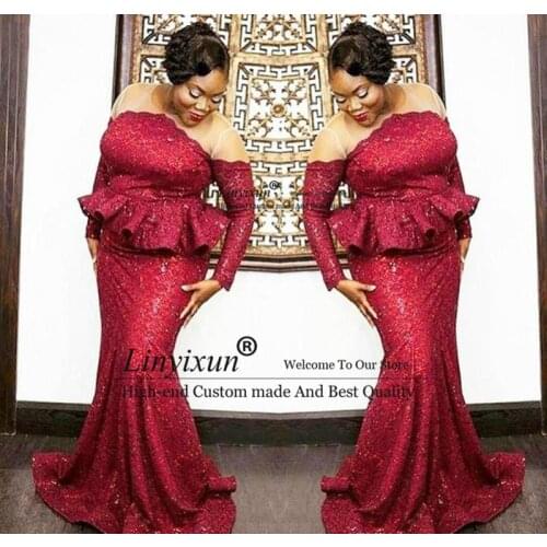 2020 Mermaid Prom Dresses South African Dark Red Sequined Long Sleeves Formal Holiday Wear Evening Party Gown Plus Size