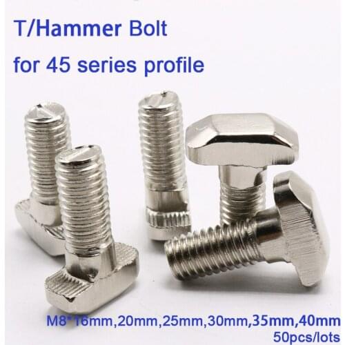 45 series Aluminum Profile Nickel-plated carbon steel M8 16mm 20mm 25mm 30mm 35mm 40mm T/Hammer bolt 50pcs one lot
