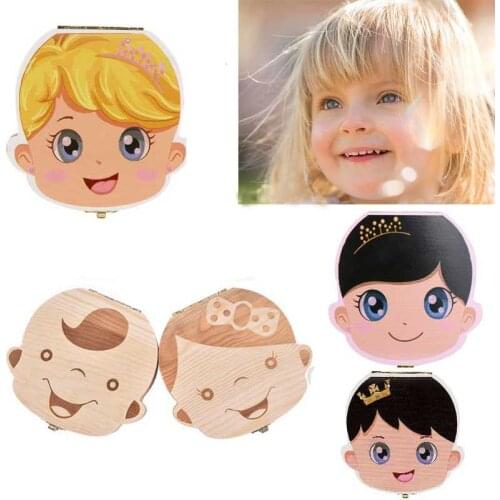 Baby Milk Teeth Box Spanish English Russion Baby Wood Tooth Box Baby Tooth Organizer Kids Deciduous Storage Collect Wooden Box