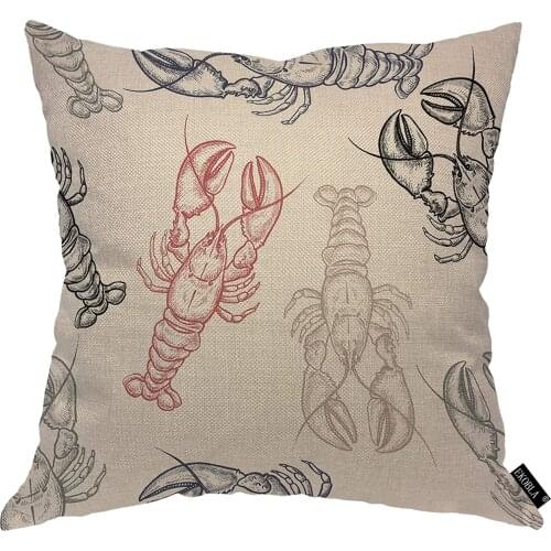 EKOBLA Colored Lobsters Throw Pillow Cover Seafood Marine Hand Drawing Underwater Nautical Cozy Square Cushion Case for Men