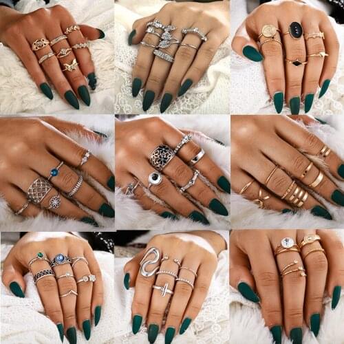 HuaTang 2020 Retro Gold Silver Color Crystal Ring Set for Women Multi Style Geometric Knuckle Ring Female Finger Jewelry Anillos