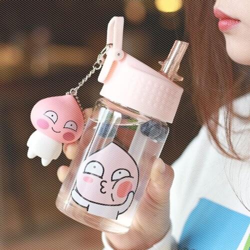 Kawaii Glass Water Bottle With Straw For Girl Adults Cute Cartoon Outdoor Portable Leak-proof Student Drinking Cup With Storage