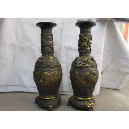 Song voge gem S0621 China classical Bronze Copper gilt Dragon with phoenix Bird Play bead Vase Pair