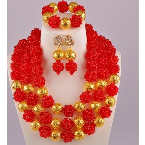 Red Crystal Ball Beaded Nigerian Necklace Crystal African Beads Jewelry Set for Women