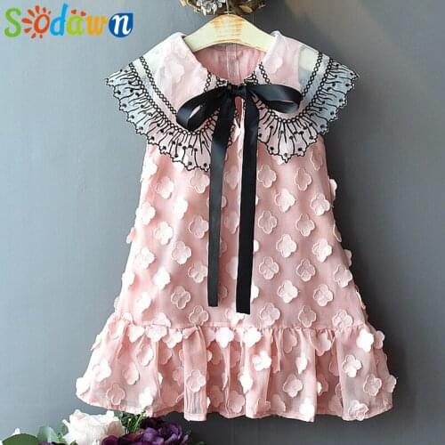 Sodawn Summer Girl Dresses Baby Girl Clothes Net Yarn Ace Lapel Princess Dresses Bow Sleeveless Party Kids Dress