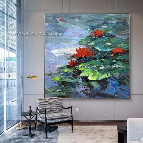 Handmade Oil Wall Art Red Water Lily Lotus Blue Pond Nature Canvas Painting Modern Artwork Picture Decoration Home Office