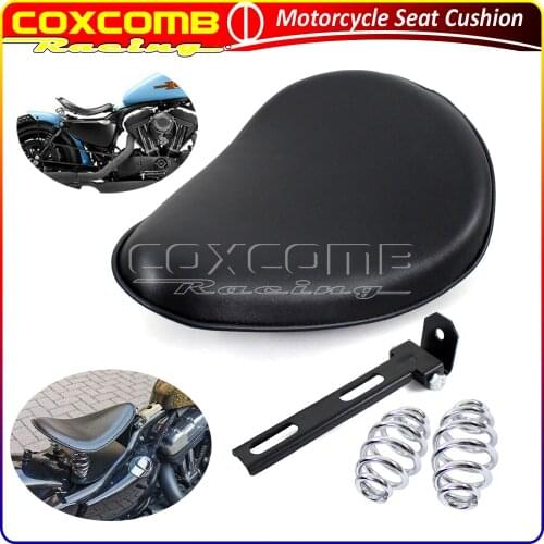 Motorcycle Solo Seat Cushion Black Leather Seat Pan Cover w/ Bracket For Harley Honda Yamaha Sportster Chopper Bobber Custom