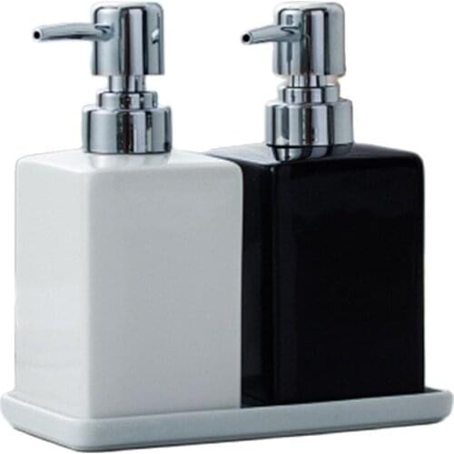 Ceramics Bathroom Set With Ceramic Tray Liquid Soap Dispenser Hand Washing Bottling Cup Wood Pallet Hotel Bathroom Accessories E